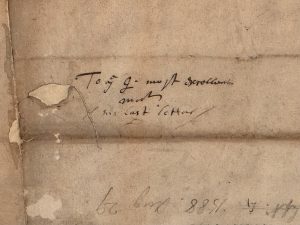 Letter form Robert Dudley to Elizabeth I, 29 August 1588 - 'His last lettar' written on the reverse side