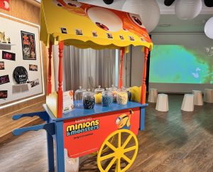 Minions Sweets Cart with Blue and Yellow Sweets at the Minions & Monsters Pop-Up Experience in London